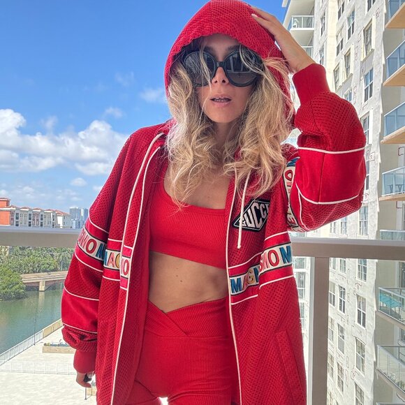 Gucci Red Mesh & Satin Magnetismo Stripe Trimmed Zip Front Hooded Jacket - Picture 2 of 14